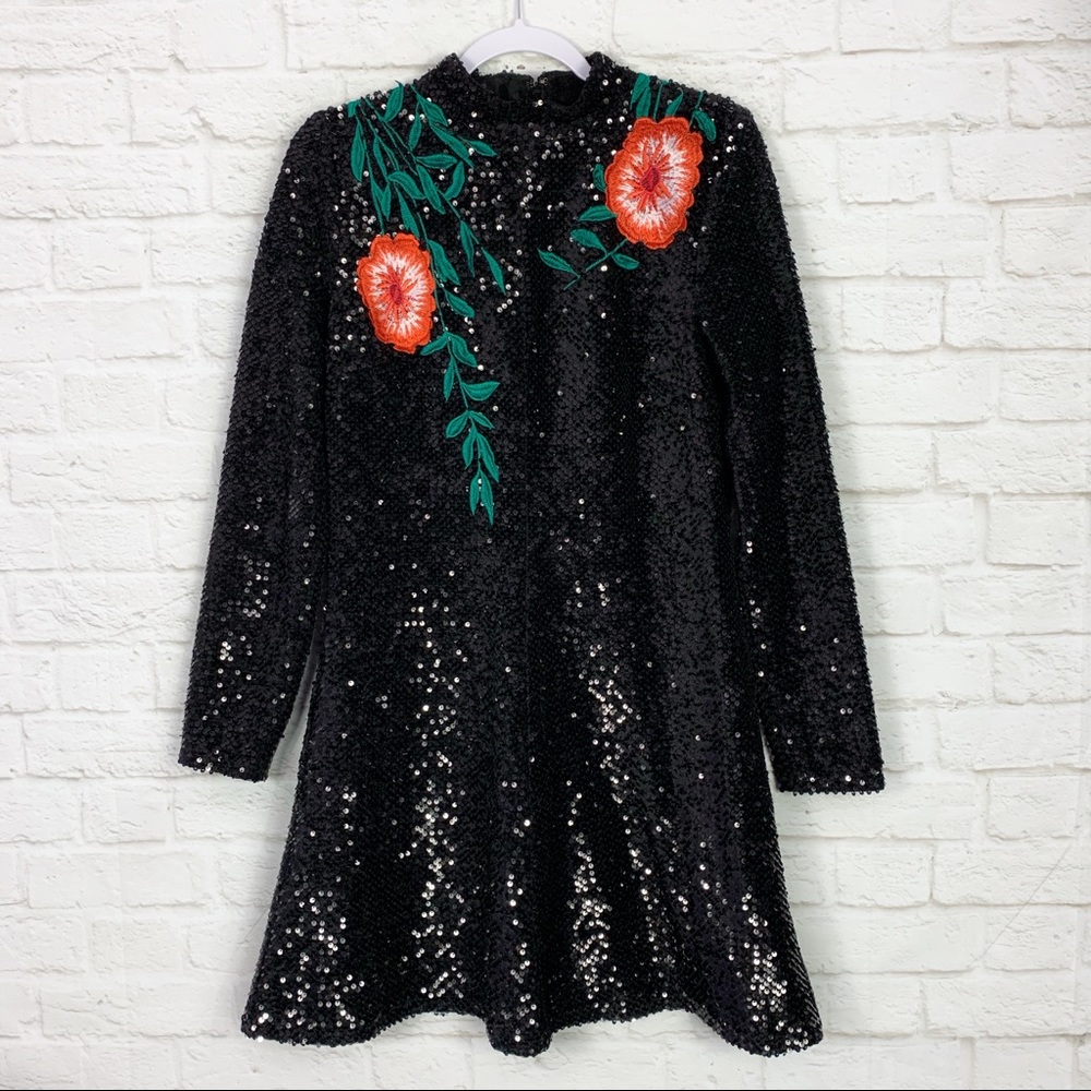 Gianni Bini Mock Neck Sequin Appliqué Aline Dress
